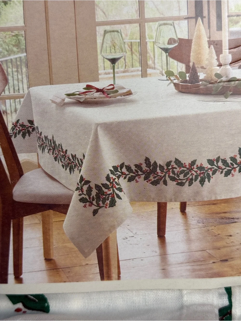 Threshold White Tablecloth with Green Holly Border and Red Berries
